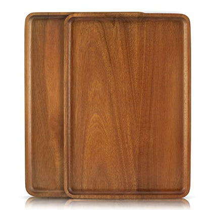 2pcs 15"x10" Solid Acacia Wood Serving Trays Rectangular Wooden Serving Platters Natural Wooden Boards for Bar Coffee Party（Brown） - color: Brown, size: 15"x10"