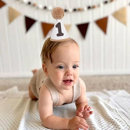 Neutral 1st Birthday Party Hat - Simple First Cone Hat, One Birthday Decoration Photo Props - color: Khaki