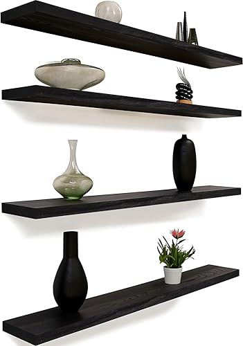 GXYAWPJ 48 Inch Floating Shelves for Wall Rustic Black Wood Wall Shelves for Bedroom Set of 4 - color: Rustic Black, size: 48 inch