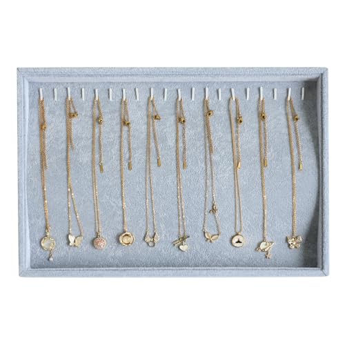 Wuligirl Jewelry Tray Velvet Stackable 20 Hooks Necklace Organizer Necklace Storage Display Tray Jewelry Holder Tray Showcase (Necklace) - color: Gray Necklace, size: 1 Pcs