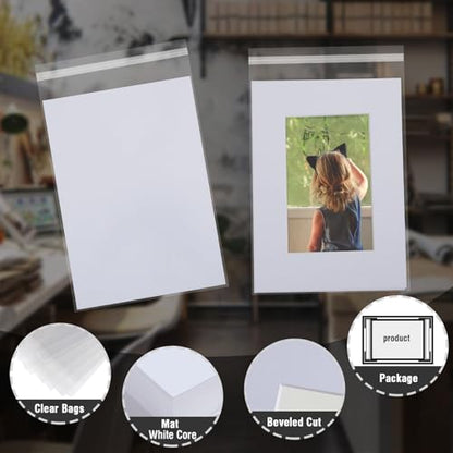 Falling in Art Acid Free 8x10 Pre-Cut Picture Mat Board Kit for 5x7 Photo, Includes 50 White Core Bevel Cut Mattes, 50 Backing Boards, 50 Crystal Clear Bags - size: 10"L x 8"W