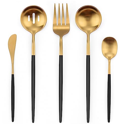 5-Piece Matte Black Gold Stainless Steel Large Hostess Set With Round Edge Satin Finish Dishwasher Safe - Large Serving Set Including Fork, Knife, Sugar Spoon And Slotted Spoon - color: Blackgold, size: 5-piece