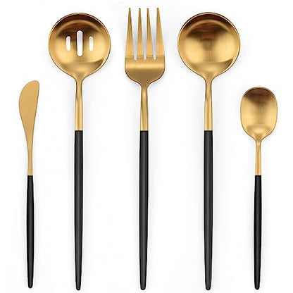 5-Piece Matte Black Gold Stainless Steel Large Hostess Set With Round Edge Satin Finish Dishwasher Safe - Large Serving Set Including Fork, Knife, Sugar Spoon And Slotted Spoon - color: Blackgold, size: 5-piece