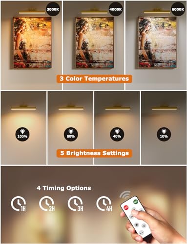 16in Wireless Picture Light with Remote, Battery Operated Picture Lights for Wall 5000mAh, 3 Color Modes and Dimmable LED Art Lighting with Timer for Painting, Frame, Gallery, Bedroom (Gold-2Pack) - color: Gold, size: 2Pack-16in