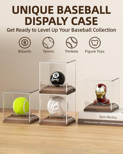 Baseball Display Case for Balls Walnut Wood Base Acrylic Baseball Holder Display Case Uv Protection Baseball Cube Box Stand Memorabilia Autograph Ball, Ideal Gift for Official Size Ball Display
