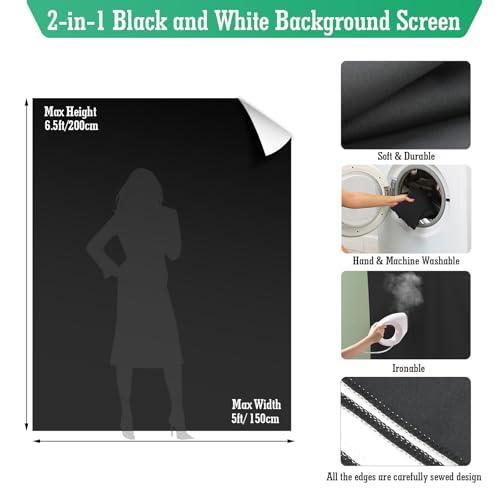 Black White Backdrop Screen with Stand Kit, 5 x 6.5 ft Photo Backdrop Kit, 2-in-1 Revisible Black Backdrop White Screen with T-Shaped Stand and 5 Clamps for Photography Party Decorations - size: Black and White 5 X 6.5 Ft