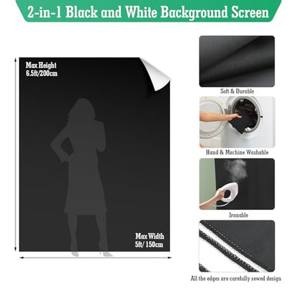 Black White Backdrop Screen with Stand Kit, 5 x 6.5 ft Photo Backdrop Kit, 2-in-1 Revisible Black Backdrop White Screen with T-Shaped Stand and 5 Clamps for Photography Party Decorations - size: Black and White 5 X 6.5 Ft