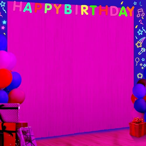 6 Pack 3.3Ft x 6.6Ft Hot Pink Glow in The Dark Foil Fringe Curtain Backdrop Party Supplies, Fluorescent Macaron Metallic Tinsel Foil Streamers Curtain Photo Booth for Neon Birthday Party Decorations - color: Glow in The Dark-Pink