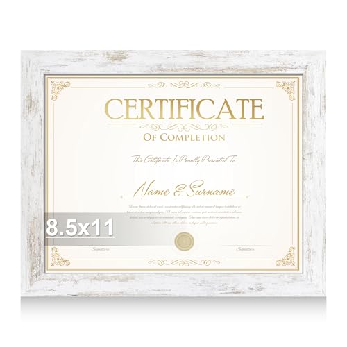 Hongkee 8.5 by 11 Diploma Picture Frame, Made of Real Glass and Wooden Certificate Frame, Horizontal and Vertical Display for Wall or Tabletop (Black, 1Pack) - color: Distressed White, size: 8.5X11 in