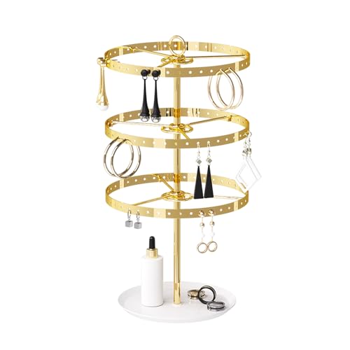 3 Tiers Earring Holder Organizer, Metal Rotating Earring Stand Adjustable Display Tree, 126 Holes Carousel Rack for Stud Hoop Pierced Dangling Women, Perfect View for All Earrings (Gold) - color: Gold