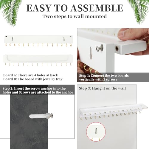 YYILIS Necklace Holder, Upgraded Extra Large Wall Necklace Organizer with 30 Hooks Wall Mounted Necklace Hanger with Jewelry Tray/Cosmetics Shelf Rustic Pine Wood Holder (White) - color: White