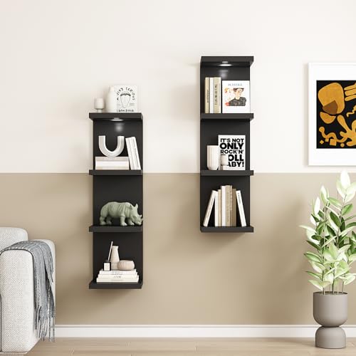 LitaEther Versatile 4 Tier Wall Shelf Unit,Black Lack Wall Shelf,Display Floating Shelf with LED Remote Control Light - color: Black, size: 4 Tier