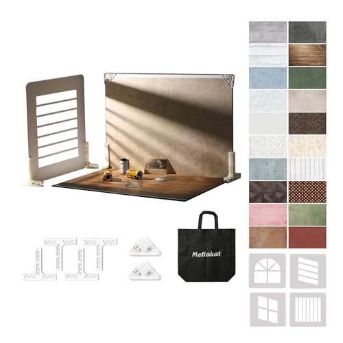 Food Photography Backdrops with Shadow Boards, 10Pcs Double-Sided Photo Background Paper (20 Patterns), Tabletop Small Product Shooting Kit with T-Stand & Clamps for Jewelry, Cosmetics