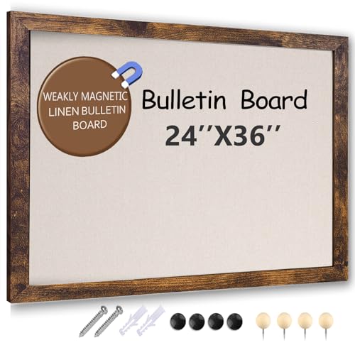 Large Magnetic Bulletin Board 36 x 24 Inch for Wall,Rustic Framed Cork Board with Linen for Home Office School,with 4 Push pins, 4 Magnets - size: 36inchx24inch