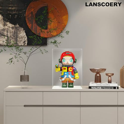 LANSCOERY Acrylic Display Case, 4.7x4.7x7 in, Upgraded Thickened UV-Resistant Showcase, 98% Clarity Dustproof Box with Glossy White Base for Action Figures, LEGO & Models, Scraper & LED Light - color: White, size: 4.7x4.7x7inch; 12x12x18cm