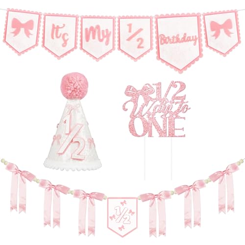 1/2 Birthday Girl Half Birthday Decorations Pink Bow It's My 1/2 Birth Banner Glitter Cake Topper Ribbon Bow Wood Bead High Chair Banner & Cone Hat 6 Months birthday Decorations Party Supplies (Pink) - color: Pink
