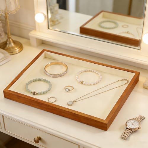 Wood Flat Jewelry Tray Stackable Display Tray Organizer for Rings Earrings Bracelets Necklace Jewelry Holder (13.78" L x 9.45" W x 1.18" H) Old Lace - color: Old Lace, size: Blank Tray-W 9.45" x H 1.18"x L 13.78"