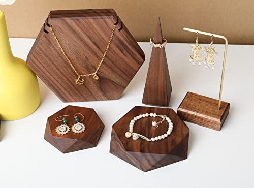 2pcs Wooden Jewelry display tray, Hexagon jewelry display riser, Jewelry retail shop photography props【Walnut Hexagon tray-2pcs】