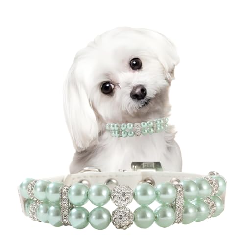 Green Pearl Collar for Dogs,Crystal Beaded Dog Collar,Rhinestone Puppy Necklace Diamond Dog Collar for XXS Xs Small Medium Female Kitten,Xs - color: Green, size: XS Neck 8-9.4''(Tag S)
