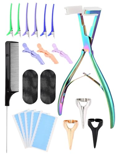Tape in Hair Extension Tools Kit,Flat Surface Sealing Hair-Extension Plier,Hairs Extension Tape,Hair Gripper Sticker,Hair Clips,Hair Parting Ring,Hair Extensions Styling Tools