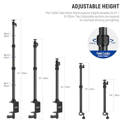 NEEWER Desk Stand with 2 Telescopic Boom Arms Phone Holder for Mic Camera Webcam Ring Light, Desktop Overhead Microphone Mount with C Clamp, Ball Heads, Screw Adapter, Cleaning Cloth, TL253A+DS001 - style: TL253A+DS001 w/Cleaning Cloth