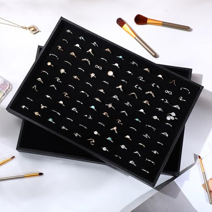 Wenqik 4 Pcs Cardboard Ring Holder with Velvet Lining, 100 Slot Inserts Stackable Ring Display Tray,13.8 x 9.4 x 1.2 inch (Black) - color: Black