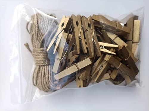 1.9 in Gold Clothespins Art Hanging Kit Kids Artwork Picture Party Xmas Decor Clothing Clamps with Jute Twine Pack 50 - color: 50pcs (2 Inch) Gold + Jute Twine