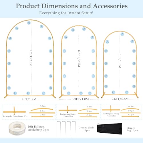 Antizz Arch Backdrop Stand,7.2FT, 6.6FT, 6FT Set of 3 Metal Gold Balloon Arch Stand Kit Wedding Arch Stand for Baby Shower Birthday Party Event Decoration Garden Floral Balloon Arch with Base - size: 7.2f+6.6ft+6ft