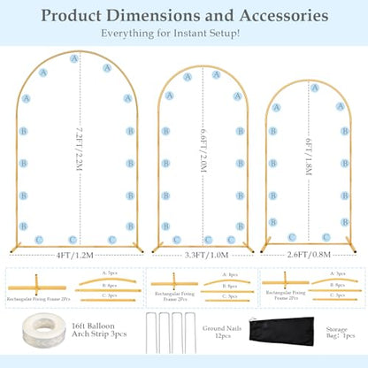 Antizz Arch Backdrop Stand,7.2FT, 6.6FT, 6FT Set of 3 Metal Gold Balloon Arch Stand Kit Wedding Arch Stand for Baby Shower Birthday Party Event Decoration Garden Floral Balloon Arch with Base - size: 7.2f+6.6ft+6ft