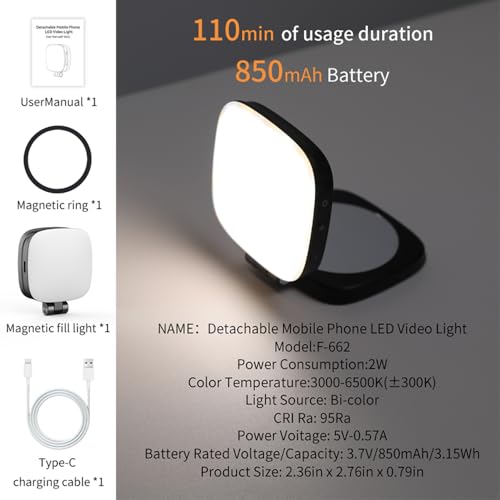 Magnetic Selfie Light for iPhone，Phone Light with a Mirror，Folding LED Phone Fill Ring Lighting，Rechargeable Portable Fill Light for Photography/Video Recording/Conference/Vlog/Makeup (Black)