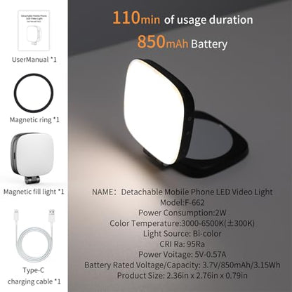 Magnetic Selfie Light for iPhone，Phone Light with a Mirror，Folding LED Phone Fill Ring Lighting，Rechargeable Portable Fill Light for Photography/Video Recording/Conference/Vlog/Makeup (Black)