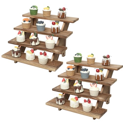 Swallowliving 2pcs Wooden Rustic Cupcake Stand for 24 Cupcakes, Stepped Wood Display Stand for Weddings, Tiered Party Table Display Riser for Food, Dessert, Cookie, Decor, Craft Show, Burnt - color: 2pcs | Burnt | 4-tier