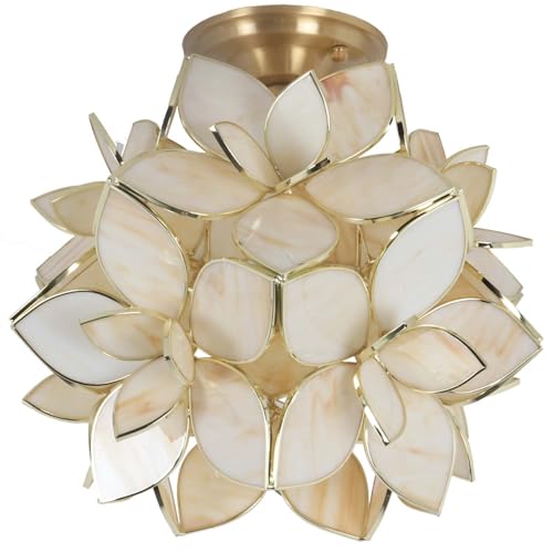 Bieye L11035 Flower Petals Tiffany Style Stained Glass Close to Ceiling Light for Home Decor (Cream White, 12" Rose Lily) - color: Cream White, size: 12" Rose Lily