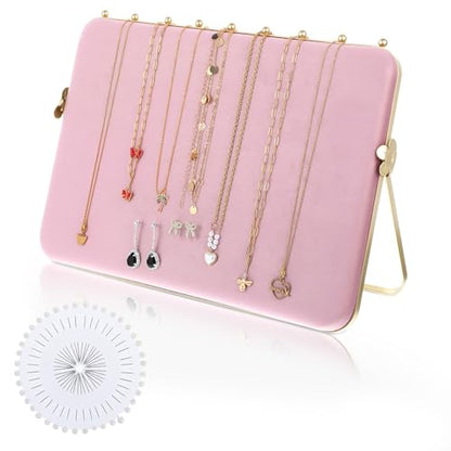 1 Pack Double-Sided Velvet Necklace Display Stand – Pink & White Jewelry Organizer Holder for Vendors, Craft Shows, Exhibitions (14 x 10 Inches, Metal Frame)
