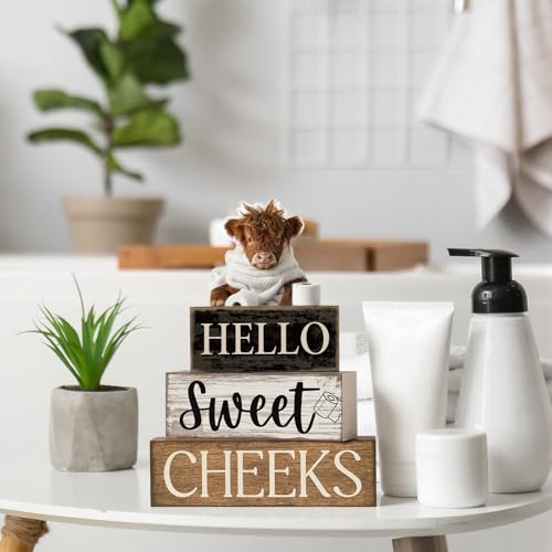 Moucuny 4 Pcs Bathroom Shelf Decor Highland Cow Farmhouse Bathroom Decor and Accessories Rustic Eucalyptus Leaves Hello Sweet Cheeks Highland Cow Sign Western Table Centerpiece for Home Office Toilet - style: Bathroom Highland Cow