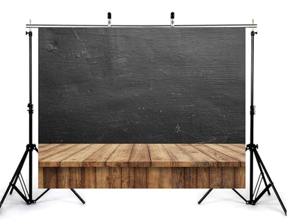 10x8ft Dark Chalkboard Backdrop Scratched Black Surface with Light Wood Table Photography Background for Classroom Theme and Food Styling Tapestry Decorations Banner Photo Booth Props - size: 10x8ft