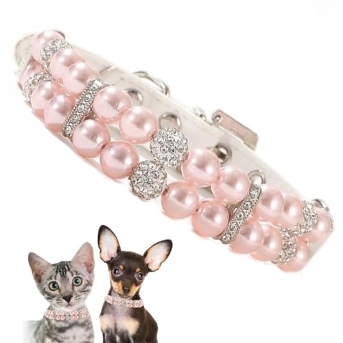 YOUALSO Pink Pearl Dog Collar For Small Dogs, Fancy Crystal Bling Cat Pearl Collar Rhinestone Luxury Beaded Puppy Necklace Diamond Girl Kitten Jewelry For XXS XS Small Medium Female Pet Dogs, XXS - color: Pink, size: XXS(Neck 6-8")Tag XS