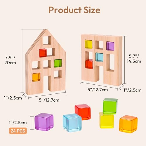 Woodtoe Wooden Building Blocks Set for Kids, 24 PCS Rainbow Gem Cubes Stacking Blocks - 2 Wood House, Montessori Stacking Toy for Toddlers, Educational STEM Sensory Birthday Toy for Boys Girls 3-6 - style: 24 PCS Rainbow Blocks Set