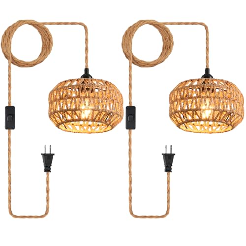 Plug in Pendant Light, Industrial Hanging Light with Plug in Cord Hemp Rope On/Off Switch Farmhouse, Vintage Hanging Lamps for Dining Room - color: Bronze