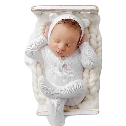 Zeroest Newborn Boy Photoshoot Outfits and Props Bear Bonnet with Footed Romper Infant Baby Photography Crochet Knitted Set - color: White-02