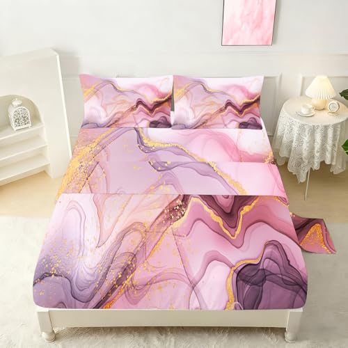 Pink Marble Sheets Set Twin for Girls Pink and Gold Marble Bedding Set Kids Aesthetic Bed Set with 1 Fitted Sheet 1 Flat Sheet and 1 Pillowcase - color: Marble Pink-a, size: Twin