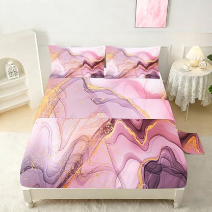 Kids Pink Marble Sheets Set Queen Soft Microfiber Kids Girls Modern Bedding Set Glitter Pink and Gold Bedding Set Modern Abstract Art Sheets for All Ages - color: Marble Pink-a, size: Queen