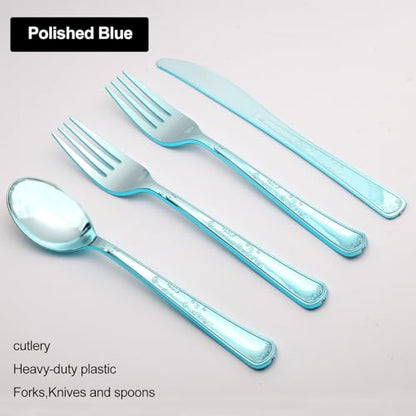 180 Pack Disposable Light Blue Plastic Silverware Contain 60 Forks,60 Spoons,60 Knives, Solid and Durable Plastic Cutlery Utensils Set Perfect for Parties,weddings. - color: Light Blue