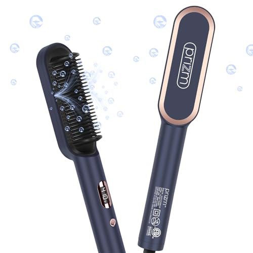 Prizm Hair Straightener Brush, 20s Fast Heating, Negative Ions Hair Straightening Brush with Less Frizz, 4 Temp Settings & LED Display, Anti-Scald Design, Gift for Women, Dual Voltage, Prussian Blue - color: Prussian Blue