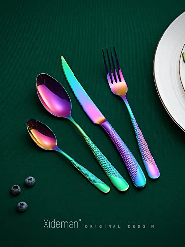 16-Piece Modern Hammered Rainbow Silverware Set with Ultra Sharp 2-IN-1 Serrated Knife, 18/10 Stainless Steel Iridescent Flatware Set Service for 4, Luxury Cutlery Set, Forks Spoons Knives Set - color: Rainbow