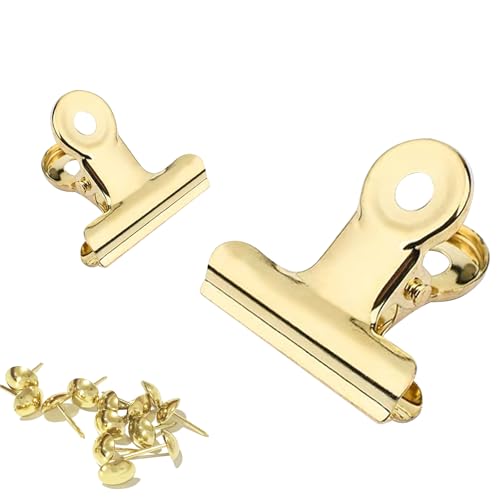 YUCHIYA 10 Pack Bulldog Clips with 10 Push-pins, Paper File Clips with Strong Spring, Large Metal Binder Clips, Seal Clamps for Coffee Tea Food Bags(Gold,2inch) - color: Gold, size: 2 inch