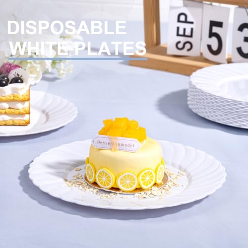 U-QE 100 Count White Plastic Plates for Party - 7 Inch Scalloped Dessert Plates Disposable Heavy Duty - Premium Hard Plastic Appetizer/Cake Plates for Party, Wedding, BBQ, Picnic and Graduation - color: 7Inch-100pcs-White