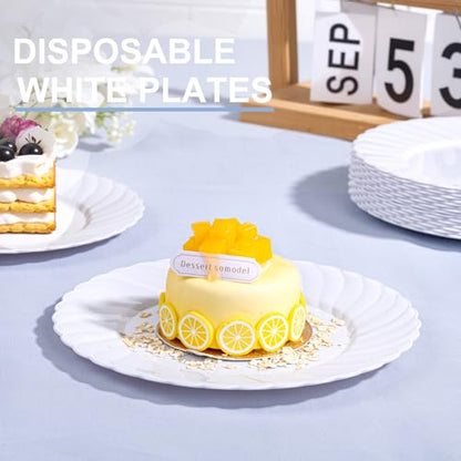 U-QE 100 Count White Plastic Plates for Party - 7 Inch Scalloped Dessert Plates Disposable Heavy Duty - Premium Hard Plastic Appetizer/Cake Plates for Party, Wedding, BBQ, Picnic and Graduation - color: 7Inch-100pcs-White