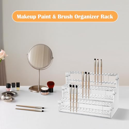 Makeup Paint & Brush Organizer Rack Pen Display Stand, Multi-Level Plastic Organization Rack Pencil Holder, Clear Pen Display Holder 3 Layer 144 Holes for Craft Shows