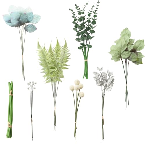 Floroom Artificial Greenery Stems Box Set, 36pcs with 7 Kinds of Faux Greenery Flowers Picks for DIY Bridal Bouquets Wedding Floral Arrangement Table Centerpieces, Dusty Blue & Silver - color: Dusty Blue & Silver